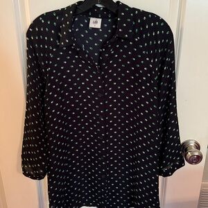 CAbi Navy Blouse with Green Dots